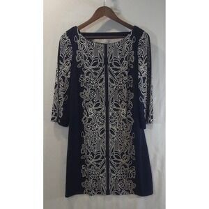 Laundry by Shelli Segal Navy White Floral Shift Dress 3/4 Sleeve XS